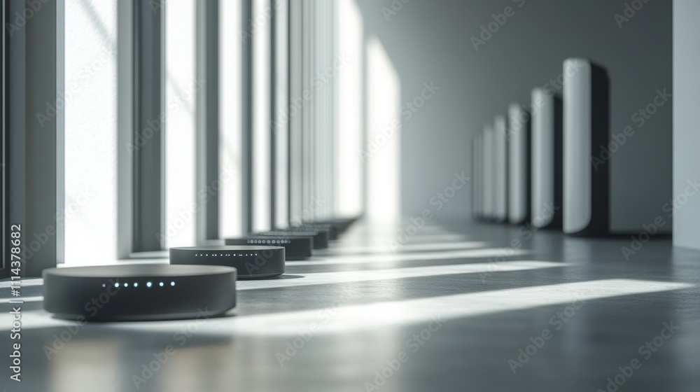 Poster modern tech office row of network routers in minimalist setting