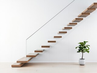 Simple floating staircase with wooden steps and minimalist glass panels, creating an elegant look in a modern office