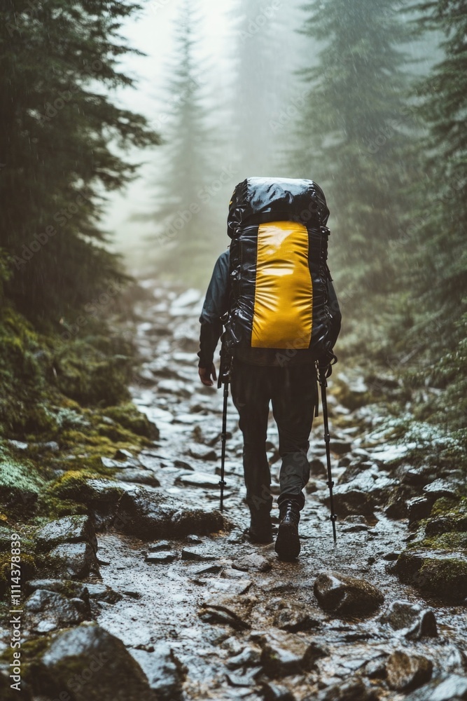 Poster a person hikes down a forest trail with a backpack, surrounded by trees and foliage