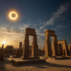 Solar eclipse observed over ancient ruins at Karnak Temple in Luxor, Egypt during twilight