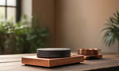 Copper Coasters and Stone: Elegant copper coasters with dark stone resting on a rustic wooden table, surrounded by lush greenery.  A sophisticated still life image. 