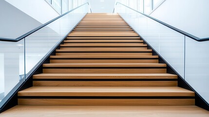 Fototapeta premium Elegant wooden stairs with black metal handrails, minimal design in a contemporary office lobby