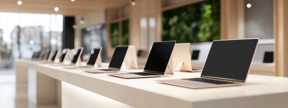 Modern Laptops and Tablets Display on Minimalist Counter in Tech Store