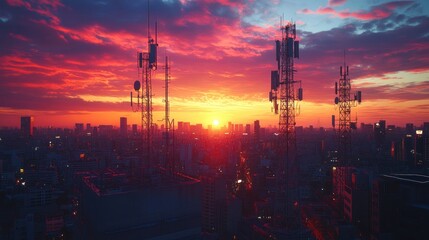 Cityscape Sunset with Telecommunication Towers