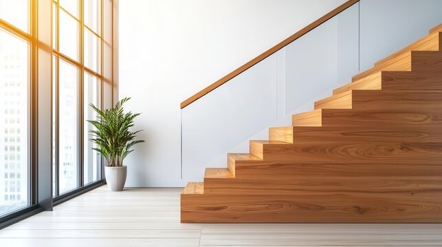 Simple wooden staircase with glass side panels, minimal and elegant design in a sleek office space