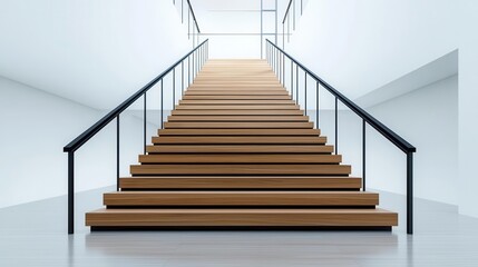 Elegant wooden stairs with black metal handrails, minimal design in a contemporary office lobby