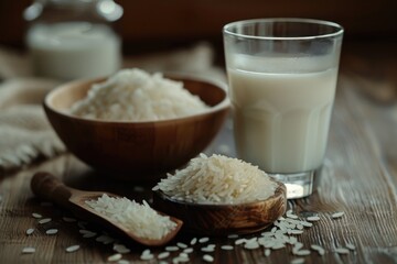 Water And Snack: Glass of Milk with Breakfast Rice in Wooden Bowl
