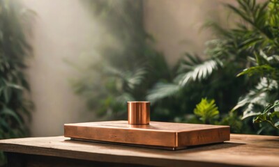 Copper Minimalist Display:  A copper platform, a simple cylinder, and a gentle glow of light create a minimalist scene of sophistication and elegance. Perfect for showcasing products, branding.
