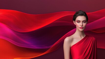 Trendy modern and influential, A stunning model in a flowing red gown, set against a vibrant, colorful backdrop of swirling waves.