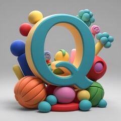 Playful 3D Render of Letter Q Surrounded by Colorful Spheres and Quirky Shapes: A Vibrant Alphabet Illustration