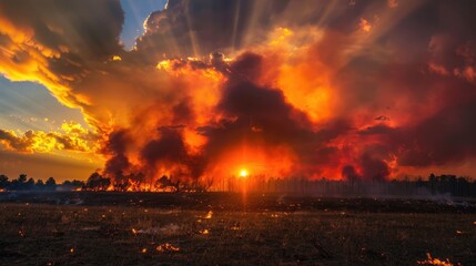 Wildland Fire at Sunset. Dramatic Sky in Nature Landscape with Orange and Red Colors