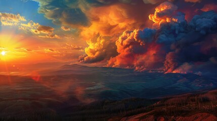 Fototapeta premium Wildland Fire at Sunset: Dramatic Sky with Red and Orange Clouds