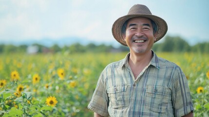Senior man, smile and portrait at field in summer for outdoor adventure, nature and holiday. Sunshine, happy and face of person by mockup space for weekend vacation,