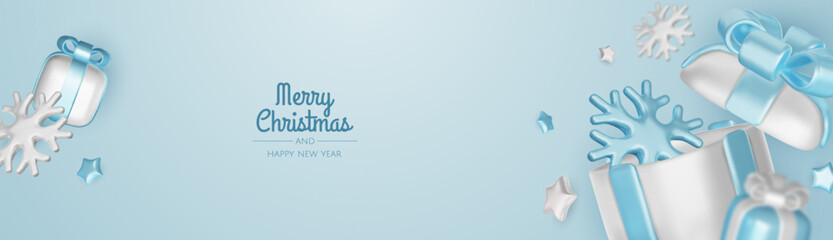 Happy New Year and Merry Christmas. Christmas holiday background with realistic 3d objects, blue and white bauble balls, conical metal stars, gift. Levitation falling design composition.