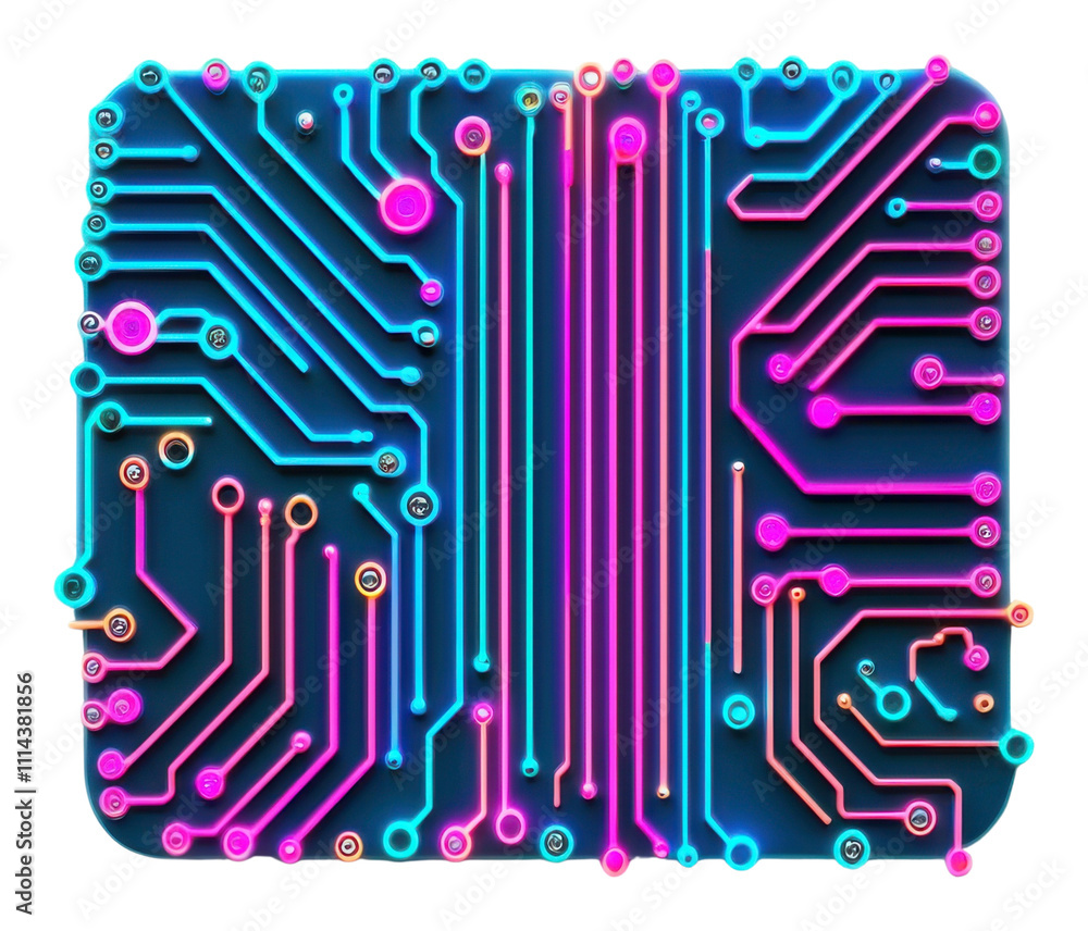 Poster png a vibrant circuit board design featuring colorful neon lines and nodes, showcasing a complex arr