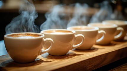 Steaming Hot Coffee Cups on Wooden Tray Cafe Beverage Aroma