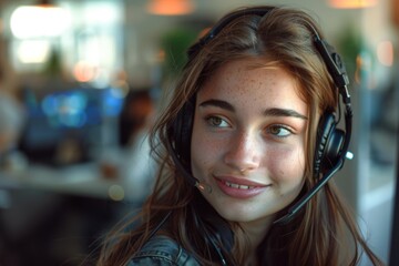 A person wearing a headset in a modern office environment, focused on making phone calls