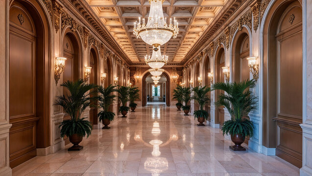 Luxurious hotel corridor with crystal chandeliers and potted plants - Powered by Adobe