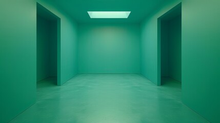 Minimalist teal room with doors and skylight.
