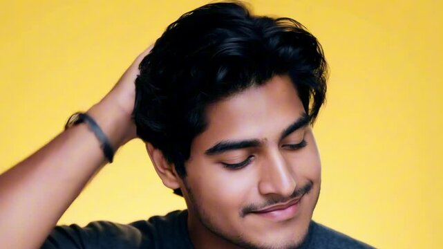 A young man smiling serenely with closed eyes against a plain background. The scene conveys peacefulness, confidence, and self-reflection, with copy space available.