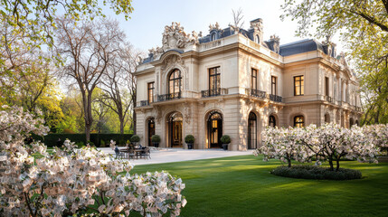 Obraz premium Opulent mansion surrounded by blooming money trees in lush garden