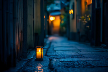 A lone candle quietly glows in a narrow alley, surrounded by dimly lit buildings, inviting introspection amid the city’s vibrant bustle. Generative AI