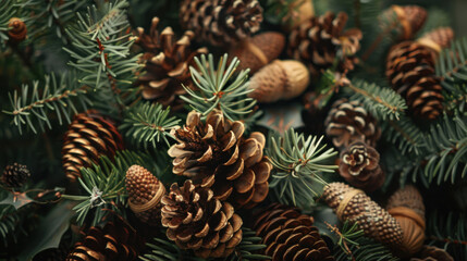 Fototapeta premium Woodland-inspired Christmas wreath with pine cones, acorns, and forest greenery, evoking a natural holiday vibe