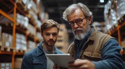 Obraz premium Experienced warehouse manager training a young employee, reviewing inventory details on a digital tablet while standing among organized shelves of boxes in a modern warehouse.