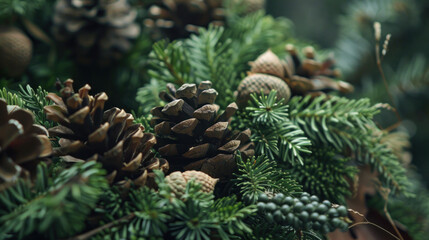 Fototapeta premium Woodland-inspired Christmas wreath with pine cones, acorns, and forest greenery, evoking a natural holiday vibe
