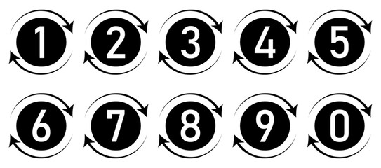 Set of 1 to 9 numbers simple design isolated. Typography set of rounds 1 to 9 Numbers. Bullet point number with arrow icon collection. Numeral typographic line and flat icon set. Vector illustration.