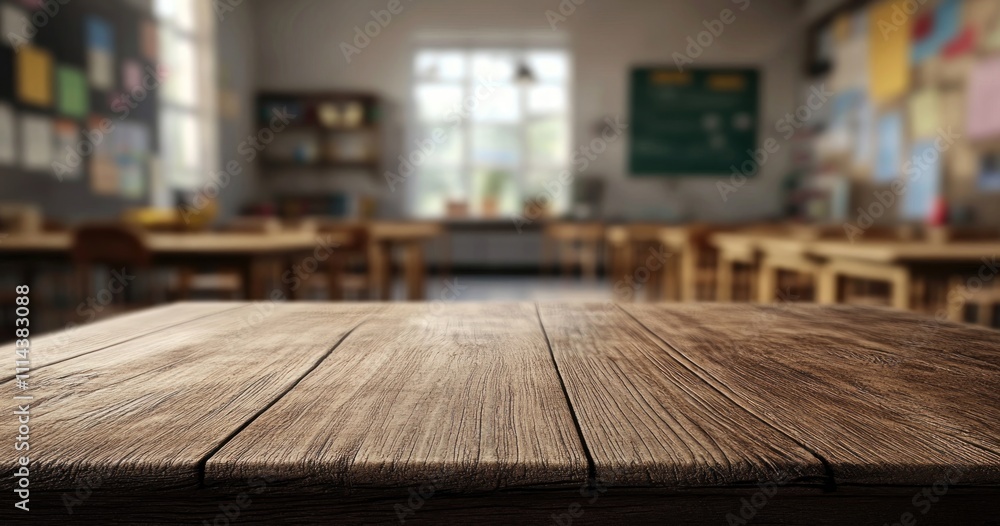 Poster rustic wooden table in a blurred classroom setting