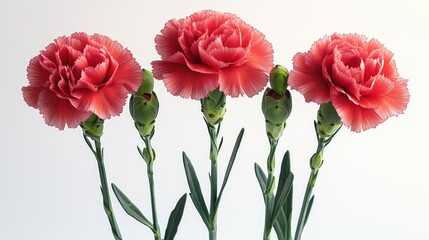 A bouquet of three pink carnations arranged in a vase on a table