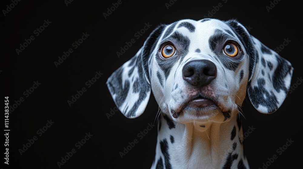Poster a close-up view of a dalmatian dog's facial features