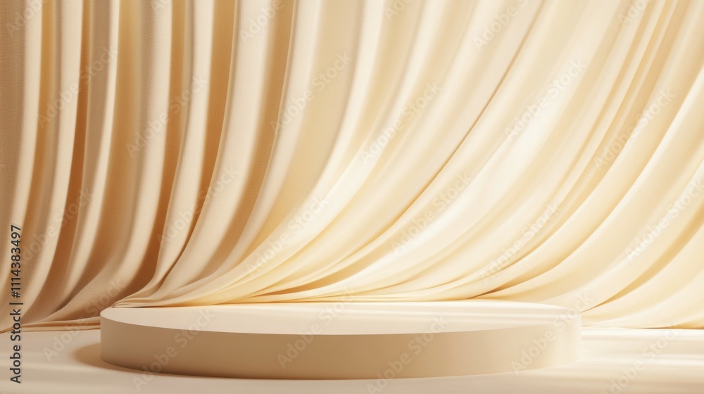 Poster a soft, beige backdrop with flowing curtains and a circular platform, ideal for presentations or dis