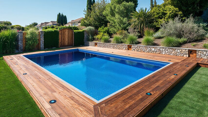 Inground swimming pool with wooden deck and lush landscaping surrounding