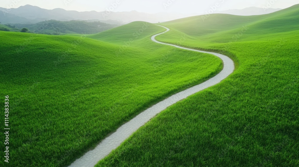 Poster a winding path curves through lush green hills, under a soft light, creating a serene and inviting l