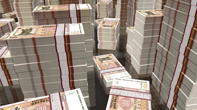 Moldova money Moldavian Lei notes packs loop. 3D flight over 100 MDL banknotes stacks towers. Loopable seamless abstract background concept of business, economy crisis and finance.