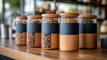 Wooden Jars with Assorted Nuts and Seeds on Table