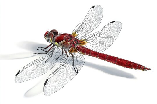A close-up shot of a red dragonfly sitting on a white surface