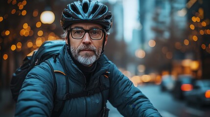 Modern Urban Cyclist in Stylish Gear: A Close-Up Portrait of a Man on a Bicycle with a City Background and Soft Bokeh Lights in the Evening