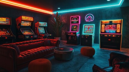 Retro arcade game room with neon lights, leather couch, and vintage pinball machines.