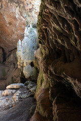 Stalactites and stalagmites in the Murciélago Cave in the Sierra Calderona of Altura