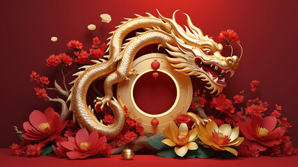 2025 Chinese new year, year of the dragon banner template design with dragons, clouds and flowers background
