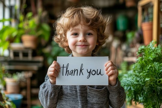 cute  happy boy holding a white board sign that says "thank you" in garden. charity theme.  fundraising campaign, nonprofit , philanthropy organization	
