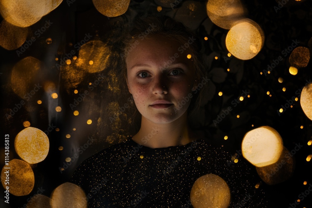 Poster A woman standing in front of a colorful array of string lights, possibly for decoration or celebration