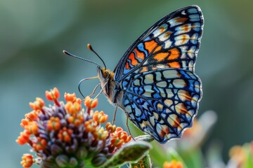 Obraz premium A butterfly with vibrant orange and blue wings perched on a colorful flower
