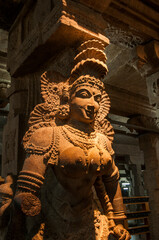 Carved sculpture of Hindu god and goddess at Meenakshi temple, Madurai, Tamil Nadu, India.