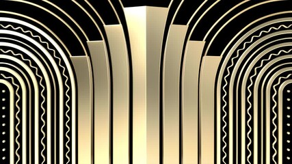 Gradual appearance and disappearance of golden Art Deco ornaments on a black background. 3d animation - Powered by Adobe
