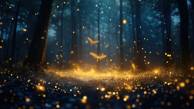 Enchanting Firefly Forest at Night. A magical and serene scene of a dark forest at night, filled with glowing fireflies.