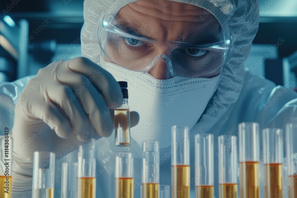 Poster a scientist in a lab coat and goggles works on a test tube, focused on his experiment